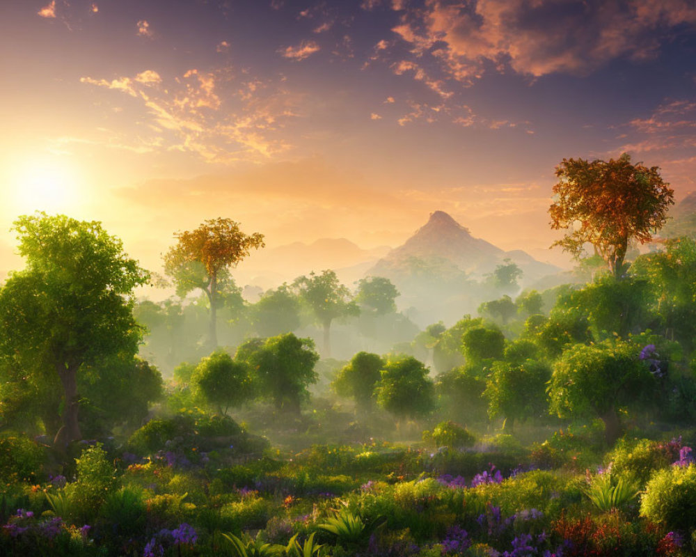 Tranquil sunrise landscape with lush greenery, colorful flowers, mist, and distant mountain