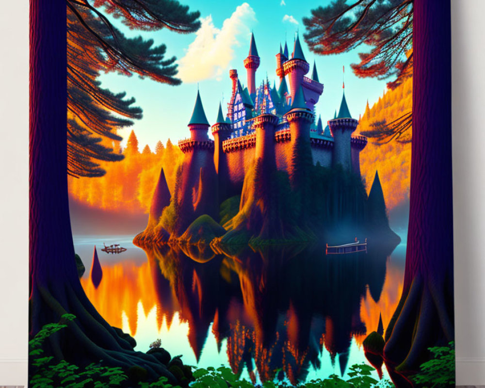 Majestic castle on forested island with tranquil lake at sunset