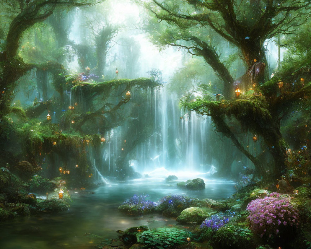 Enchanting forest with greenery, lanterns, waterfalls, and flowers