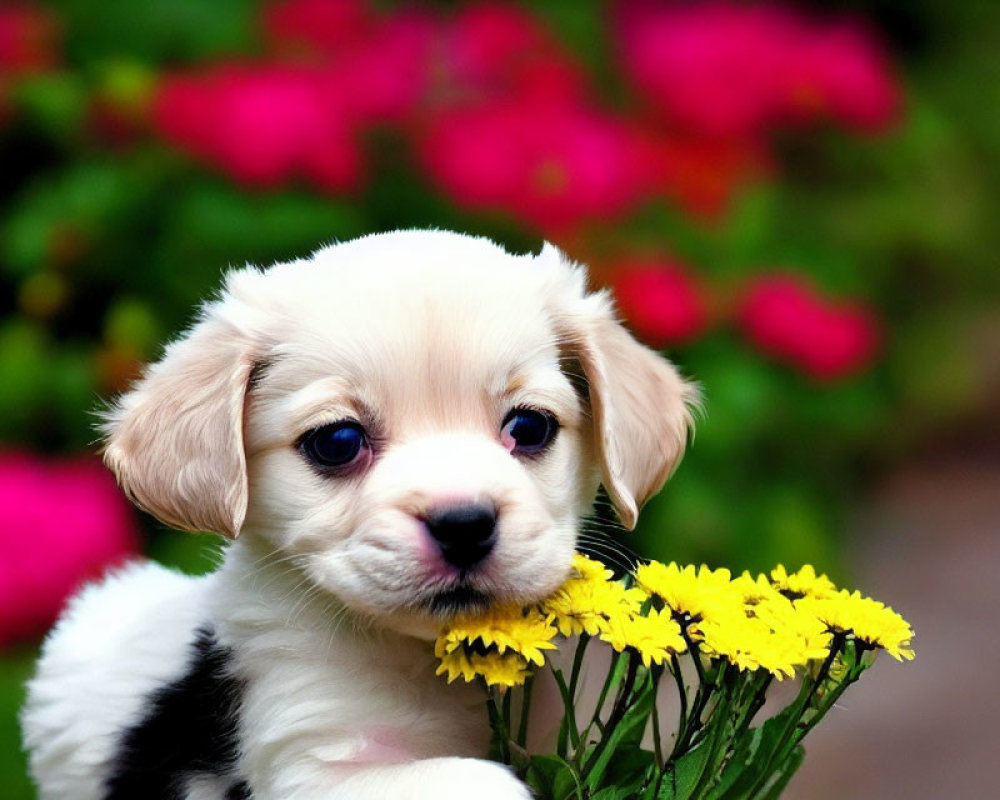 Black and white puppy with floppy ears holding yellow flowers in mouth on pink flower background