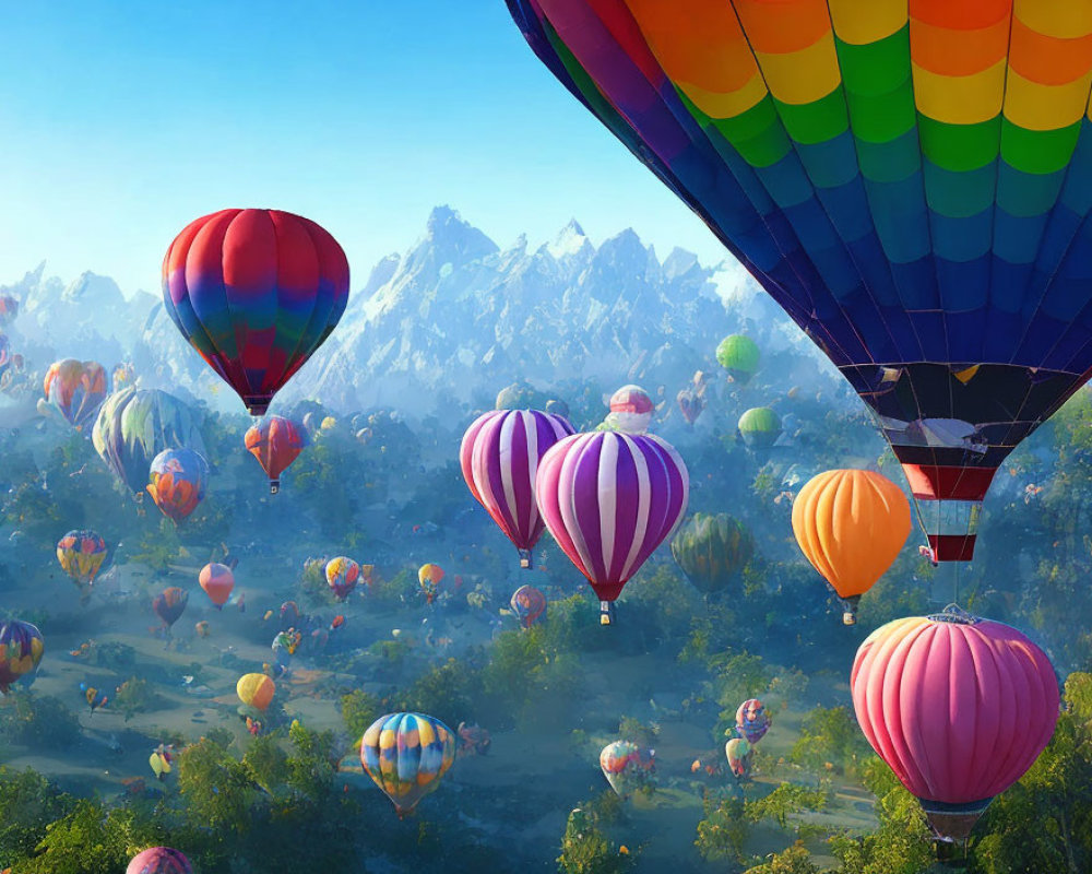 Vibrant hot air balloons over misty mountain forest