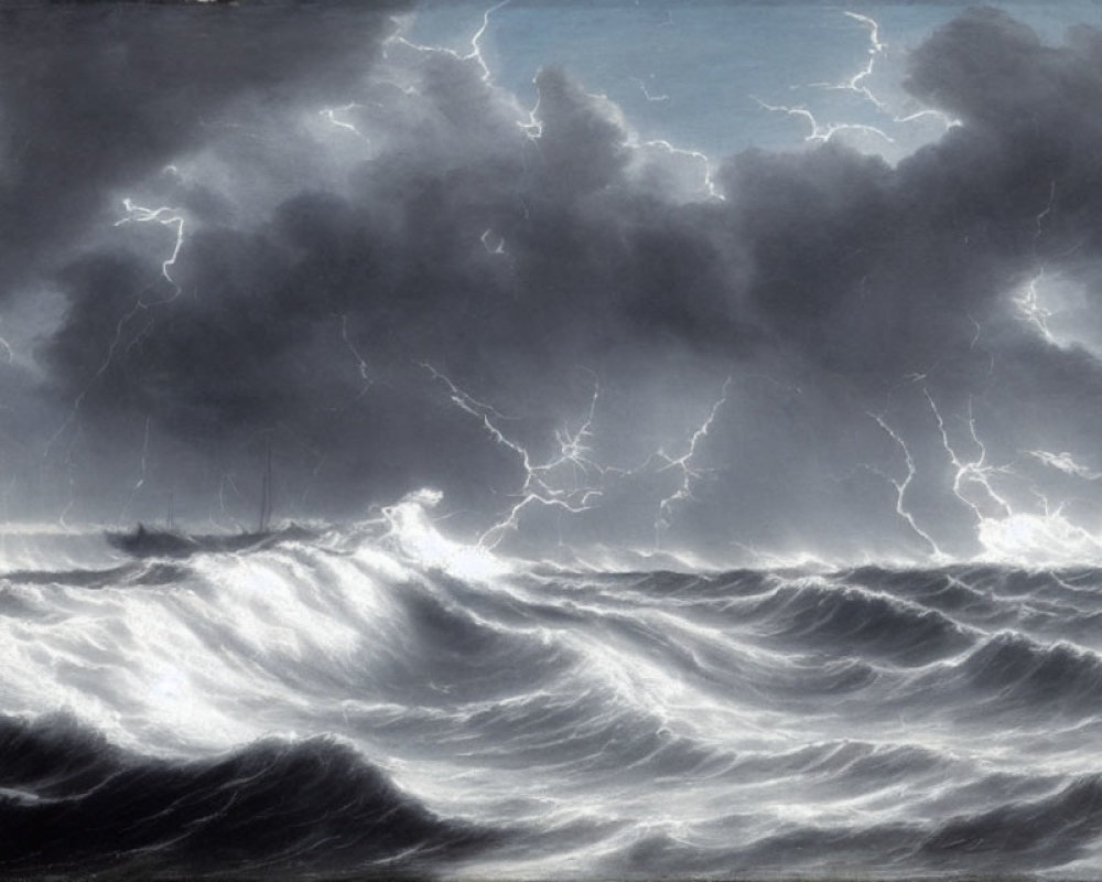 Dark storm clouds, lightning strikes, turbulent waves, and a struggling ship in ominous seascape.