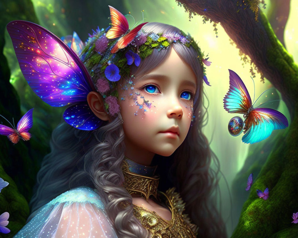 Young girl with purple butterfly wings in magical forest with butterflies