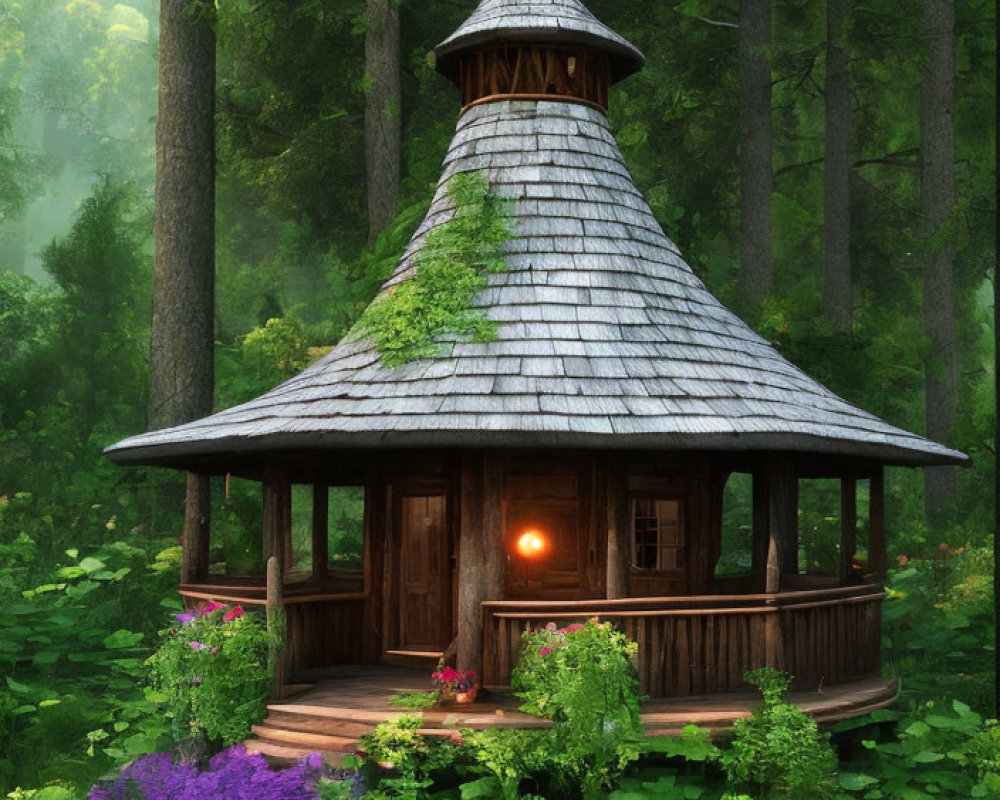 Wooden gazebo with conical roof in lush forest with purple flowers and warm light.