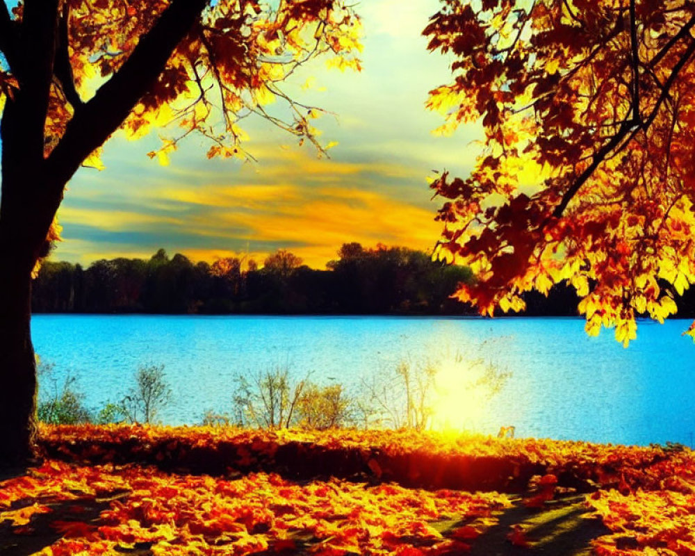 Tranquil autumn landscape with tree, golden leaves, sunset sky, and lake