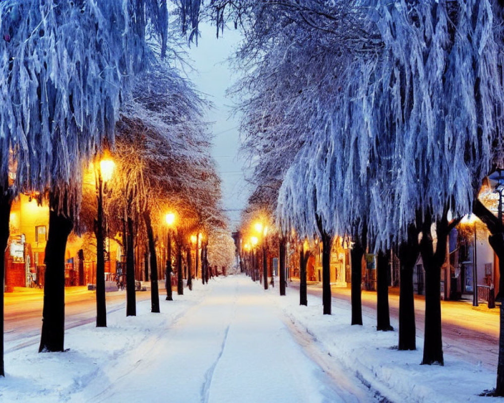 Snowy Dusk Street Scene with Illuminated Snow-Covered Trees