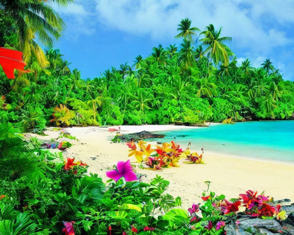 Vibrant tropical beach scene with flowers, palm trees, and turquoise sea