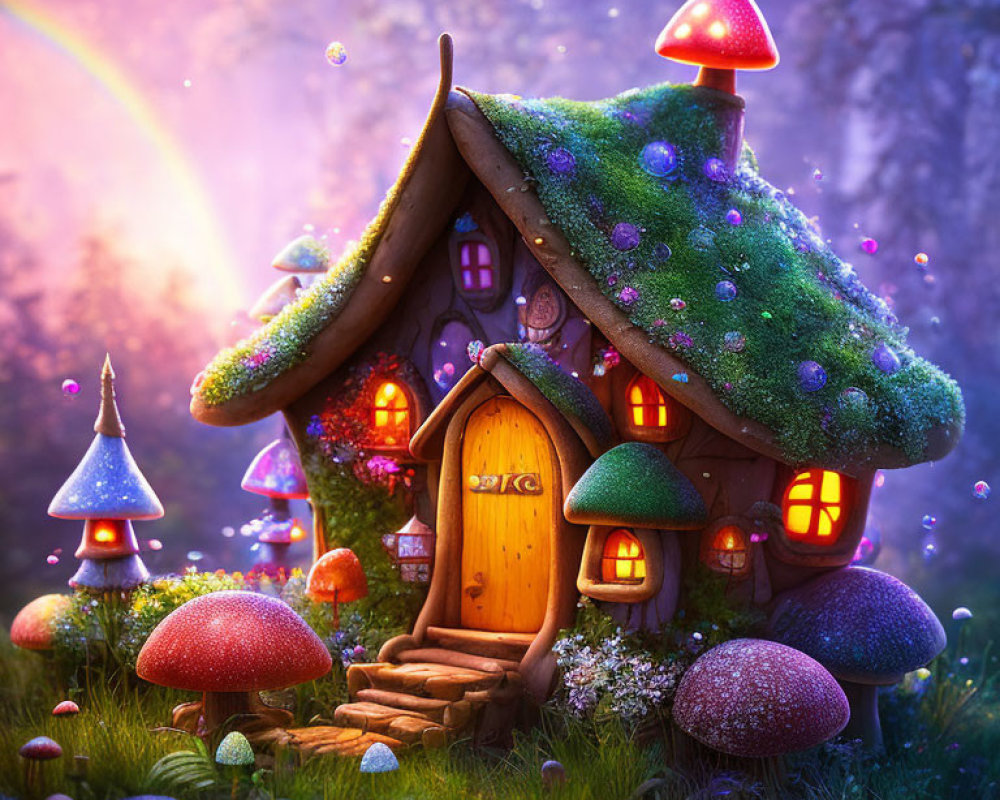 Enchanting fairy-tale cottage with moss-covered roof and colorful mushroom houses