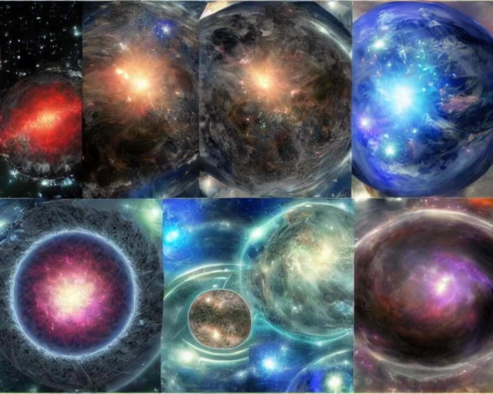 Nine cosmic images featuring nebulas, galaxies, and cosmological phenomena in vibrant colors