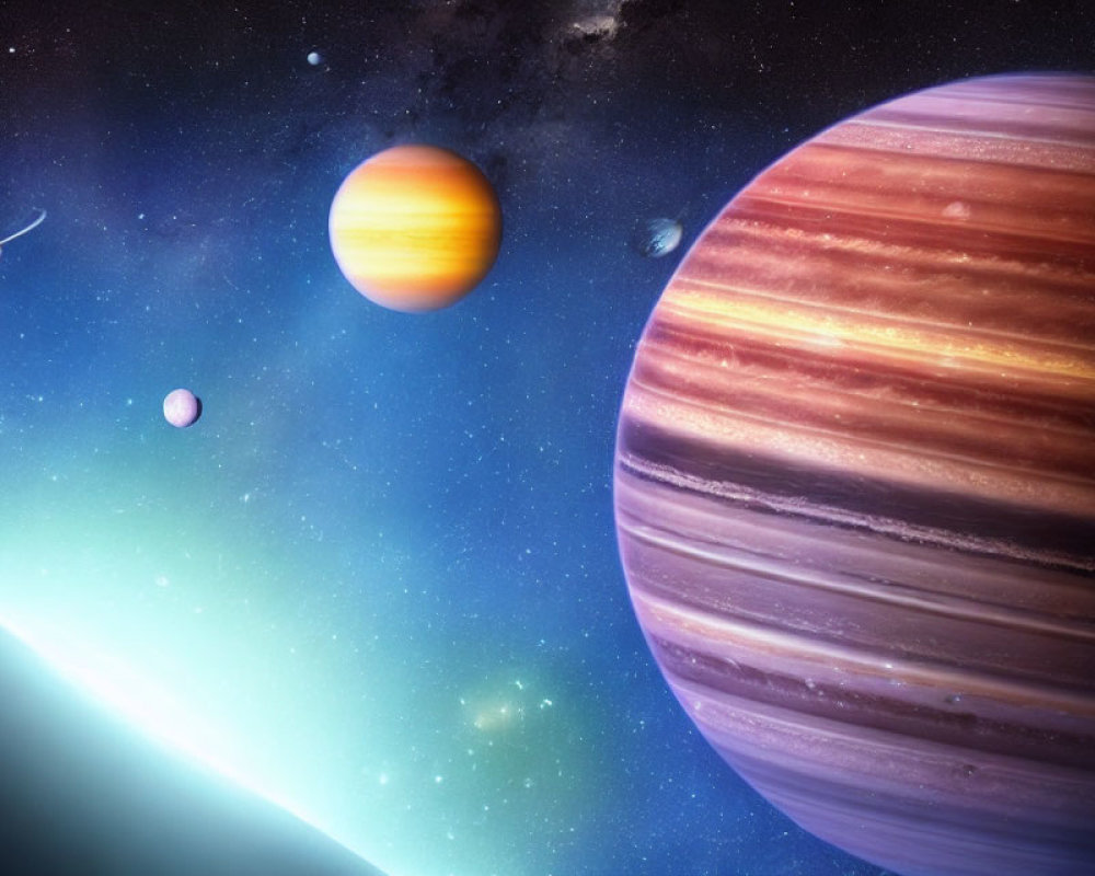 Colorful Solar System with Planets and Moons in Starry Space