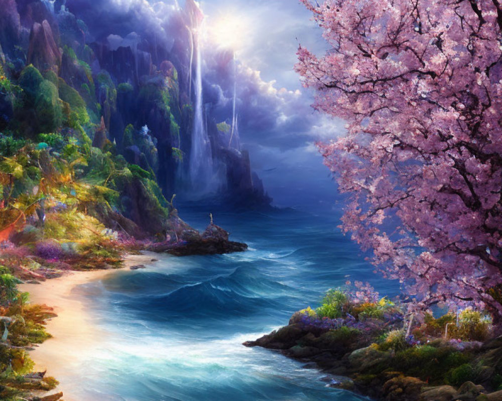 Tranquil Landscape with Cherry Blossom Tree, Beach, Waterfalls, Cliffs, and Fl