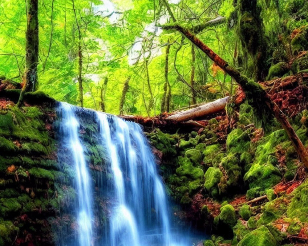 Tranquil waterfall over mossy rocks in lush forest