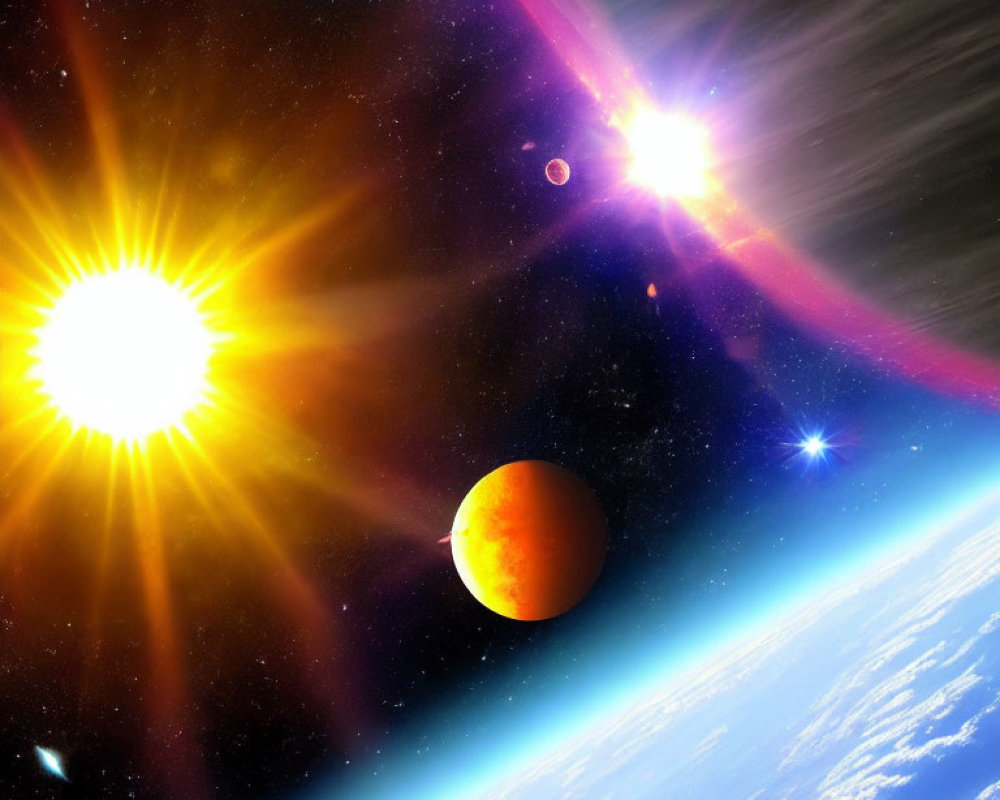 Colorful space scene with sun, starburst, nebula, and orange planet viewed from celestial body