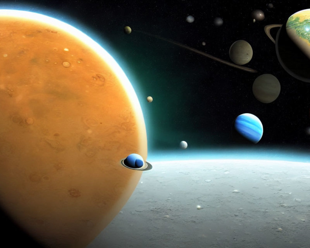 Large orange planet dominates solar system artwork with moons, Earth-like world.