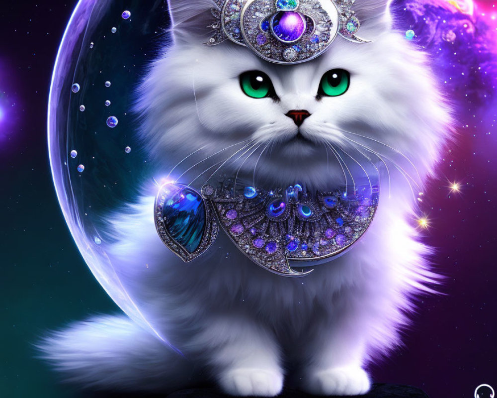 White Fluffy Cat with Green Eyes and Cosmic Jewelry