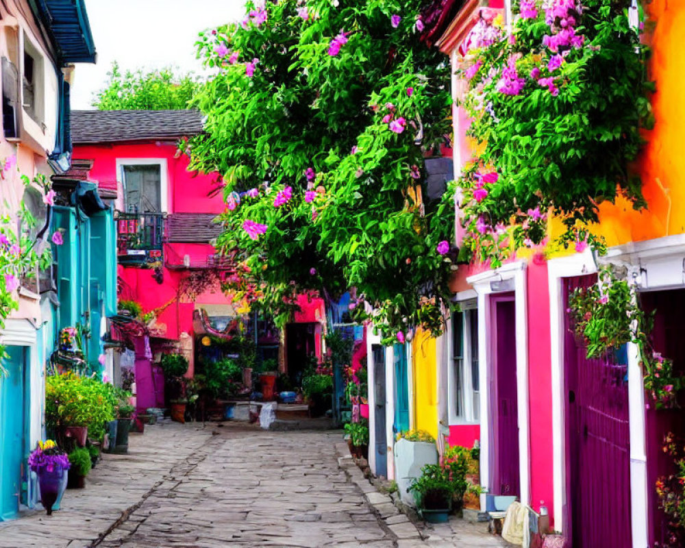 Colorful facades and cobblestone alley with flowers under clear sky