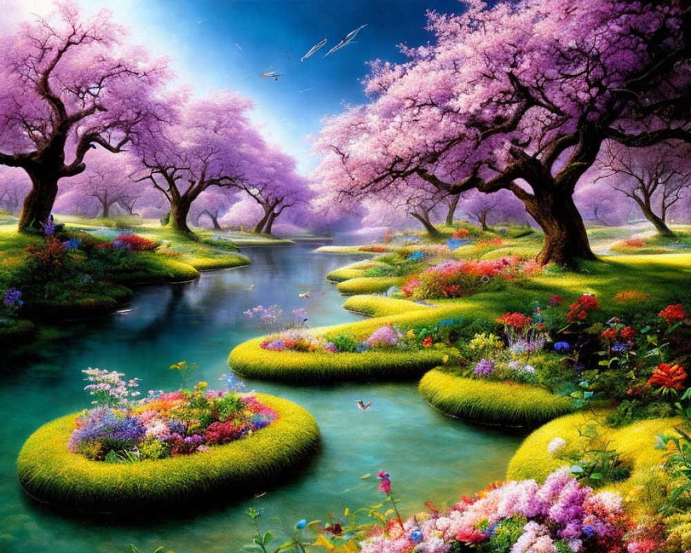 Colorful cherry blossom landscape with serene river and blue sky