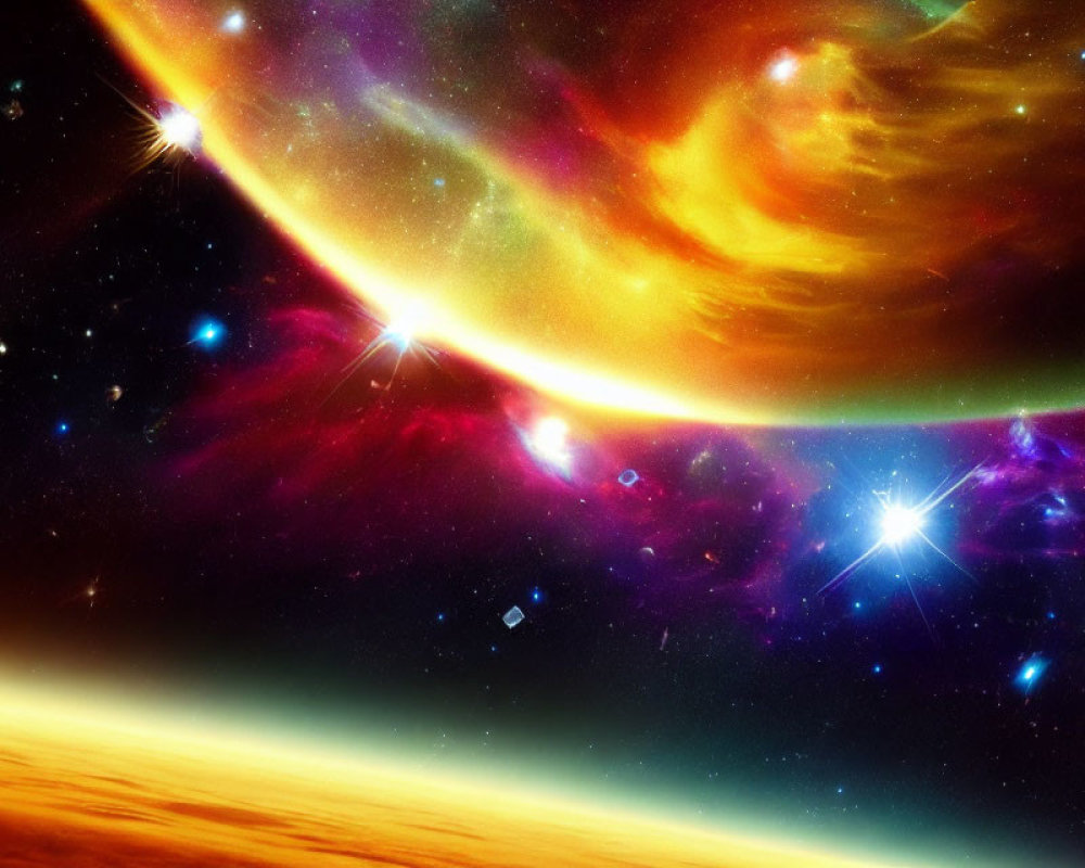 Colorful Space Scene with Stars, Nebulae, Planet, and Atmospheric Glow