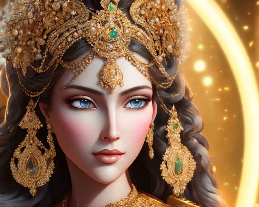 Detailed illustration of woman with striking blue eyes and intricate golden jewelry on glowing backdrop