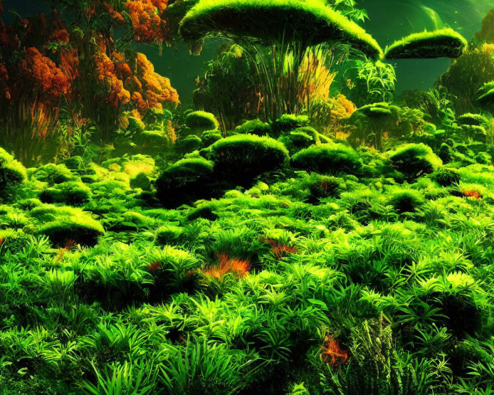 Vibrant Green Aquatic Plants in Mystical Underwater Scene