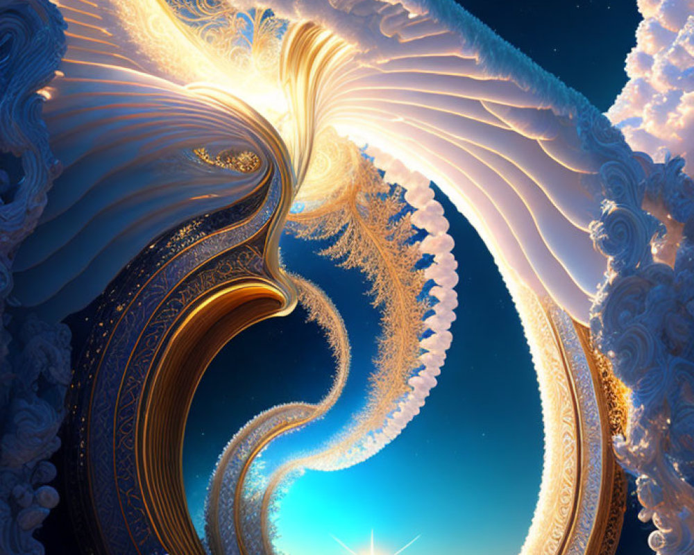 Digital art: Swirling, ornate structures with radiant star on starry night sky