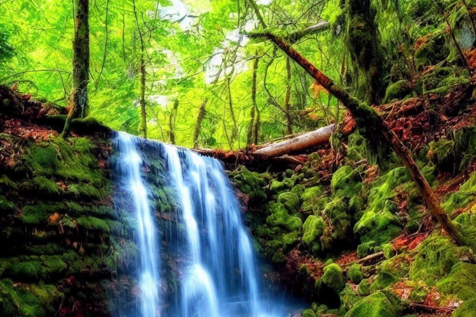 Tranquil waterfall over mossy rocks in lush forest