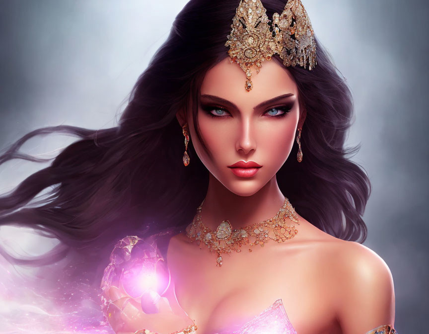 Fantasy Queen with Dark Hair and Magical Orb in Illustration