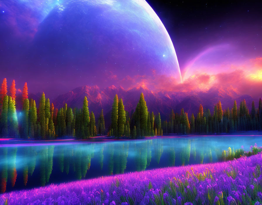 Colorful fantasy landscape with celestial body, luminous lake, flora, mountain range, starry sky