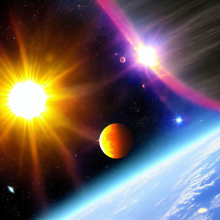 Colorful space scene with sun, starburst, nebula, and orange planet viewed from celestial body