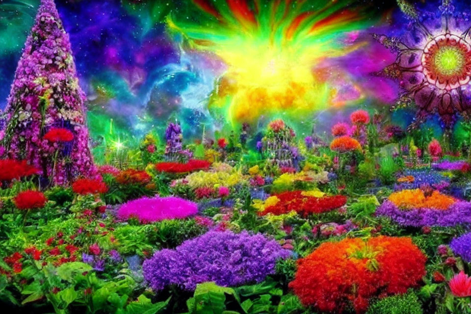 Colorful fantasy garden with flowers under starry sky & bright greenish-yellow light explosion