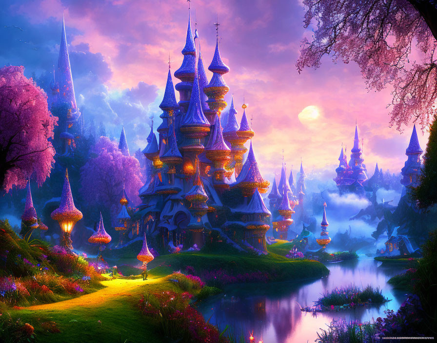 Enchanting castle in magical landscape with vibrant flora and sunset glow