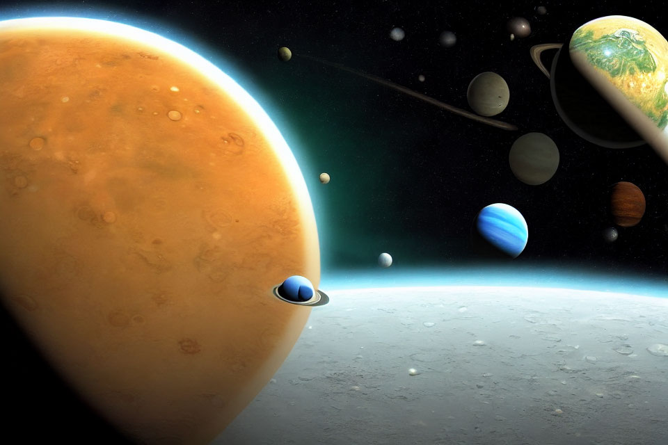 Large orange planet dominates solar system artwork with moons, Earth-like world.