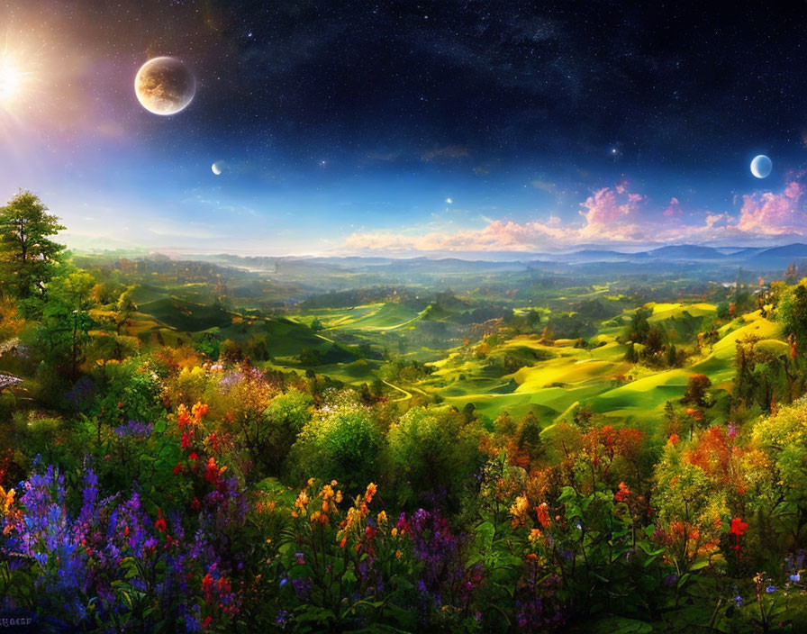 Fantasy landscape with starry sky, two moons, green hills, wildflowers