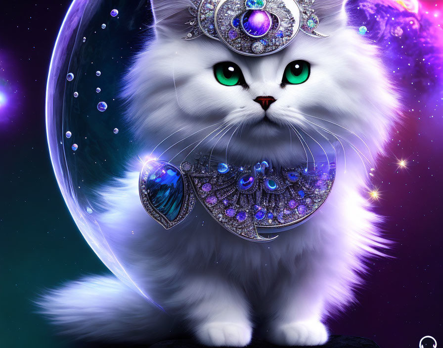 White Fluffy Cat with Green Eyes and Cosmic Jewelry