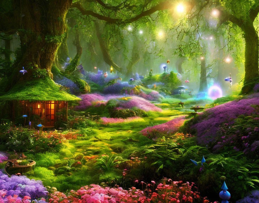 Enchanting forest glade with cozy cottage, vibrant flowers, glowing orbs, fairy lights, and