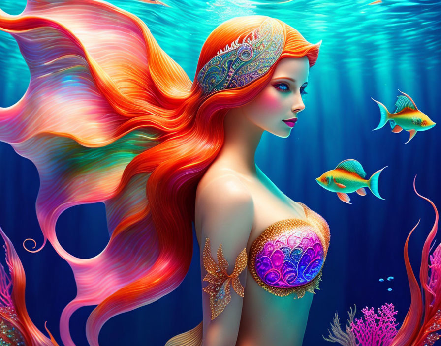 Colorful Mermaid Artwork with Red Hair and Sea Attire in Underwater Scene