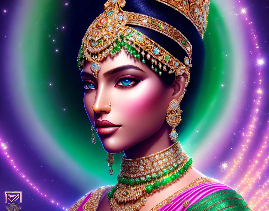 Digital art portrait: Woman with vibrant green eyes in traditional Indian attire on cosmic backdrop