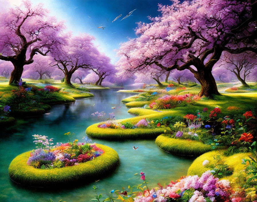 Colorful cherry blossom landscape with serene river and blue sky