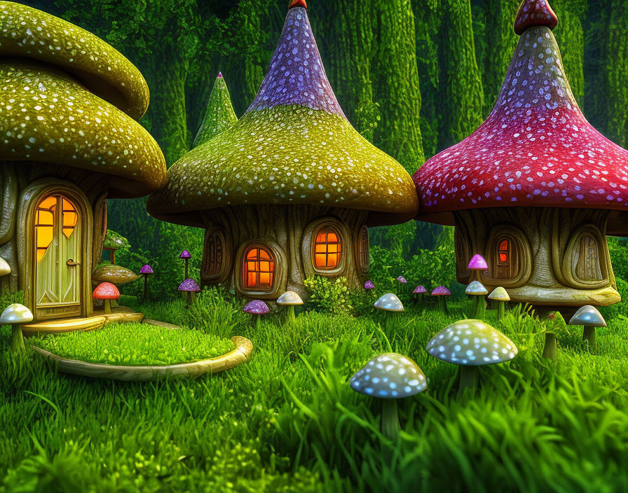 Whimsical mushroom houses in enchanted forest scene