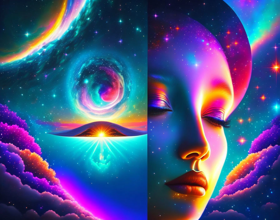 Colorful cosmic artwork: Woman's face blending with starry nightscape and galaxy above horizon