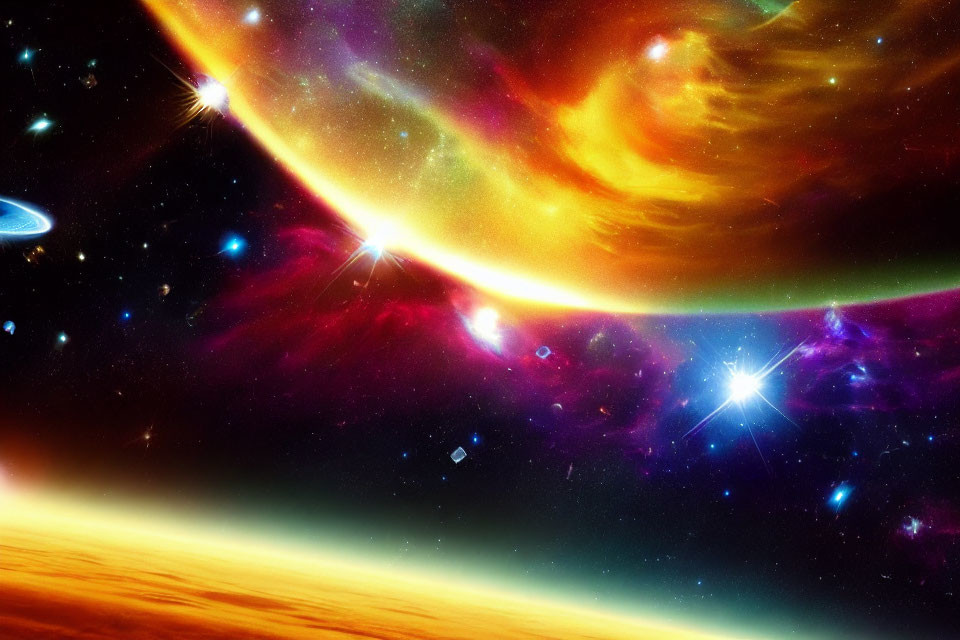 Colorful Space Scene with Stars, Nebulae, Planet, and Atmospheric Glow