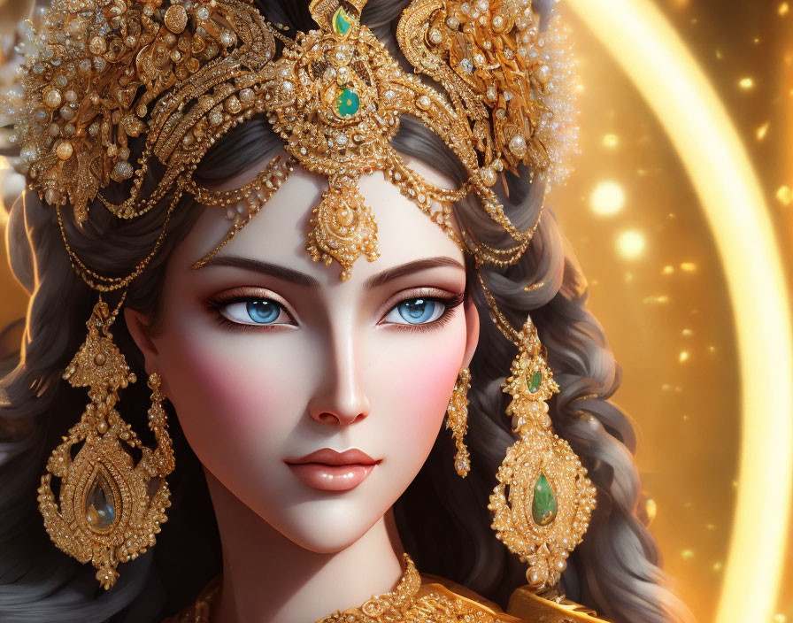 Detailed illustration of woman with striking blue eyes and intricate golden jewelry on glowing backdrop