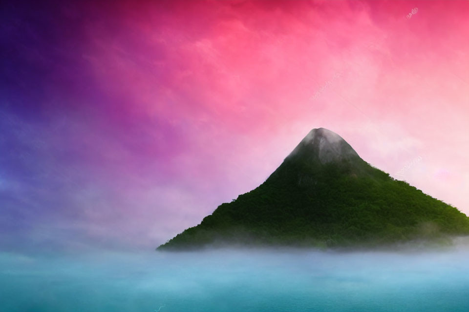 Misty Waters Surround Solitary Mountain Peak