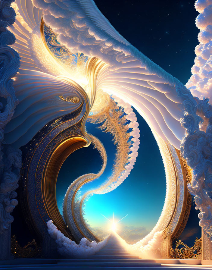 Digital art: Swirling, ornate structures with radiant star on starry night sky