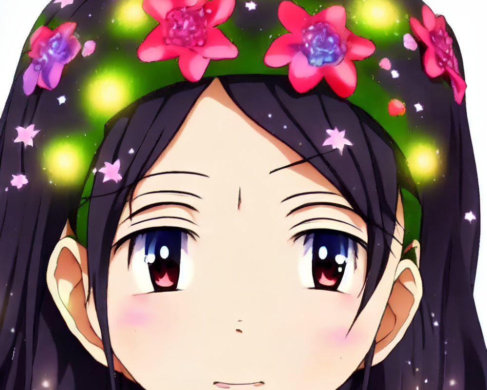 Smiling girl with long dark hair and cosmic flower crown.