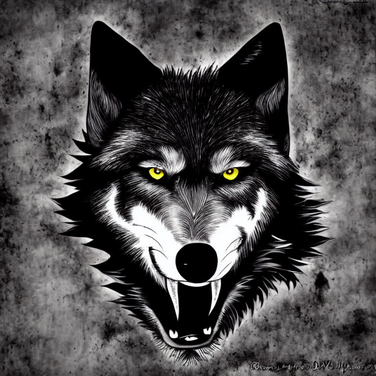 Illustration of snarling wolf with yellow eyes in black and white fur on grey background