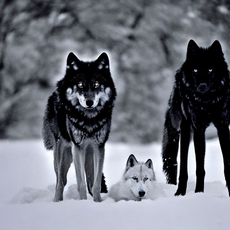 Three Wolves with Thick Fur in Snowy Terrain