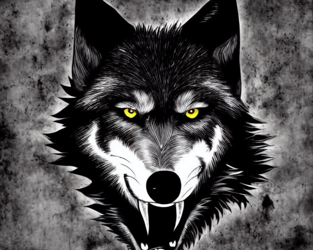 Illustration of snarling wolf with yellow eyes in black and white fur on grey background