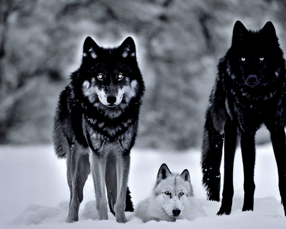 Three Wolves with Thick Fur in Snowy Terrain