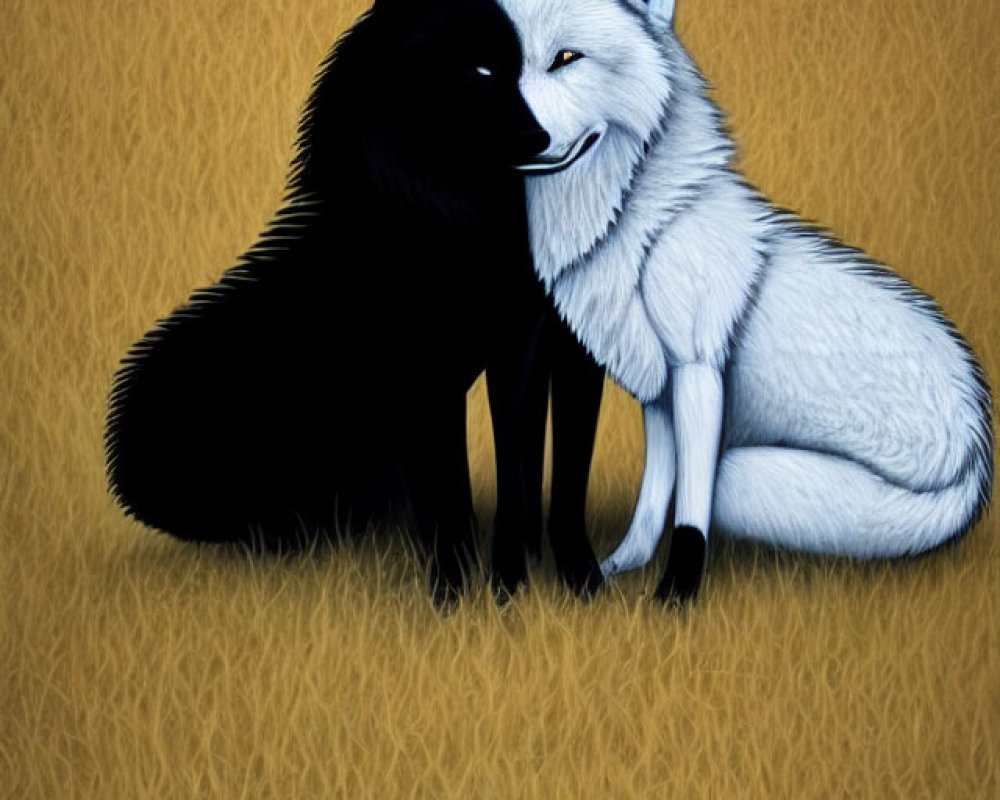 Stylized black and white wolves in yin-yang pose on golden yellow background